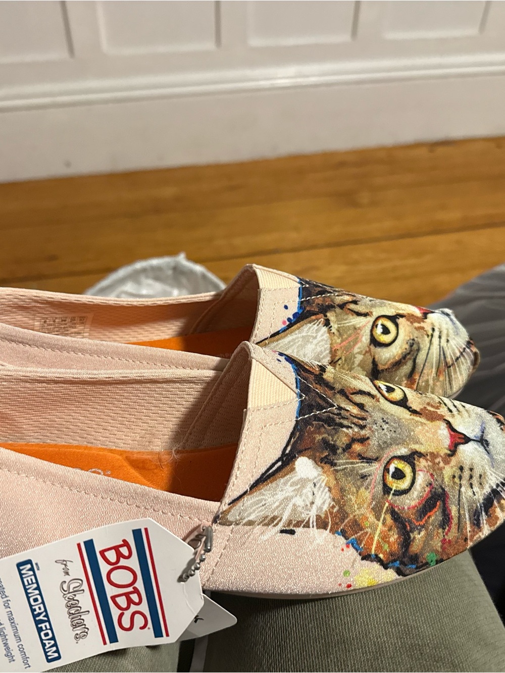 Skechers Cat Face Slip-On Flats in Beige with Multicolor Print - Picture 2 of 2